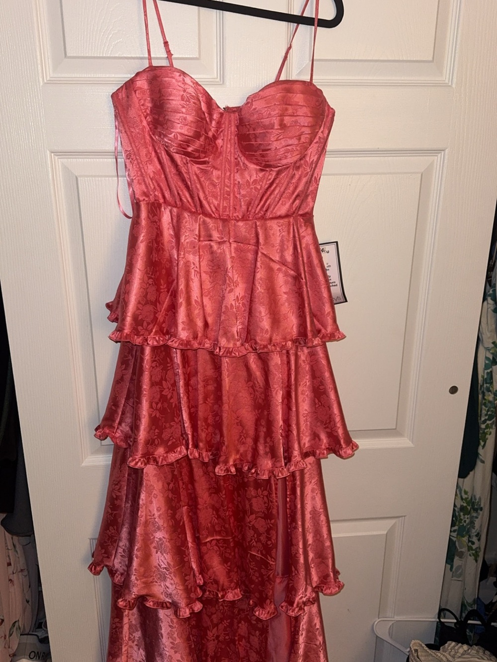 Macy's Coral Pink Tiered Satinu Floral Bustier Dress w/ slit